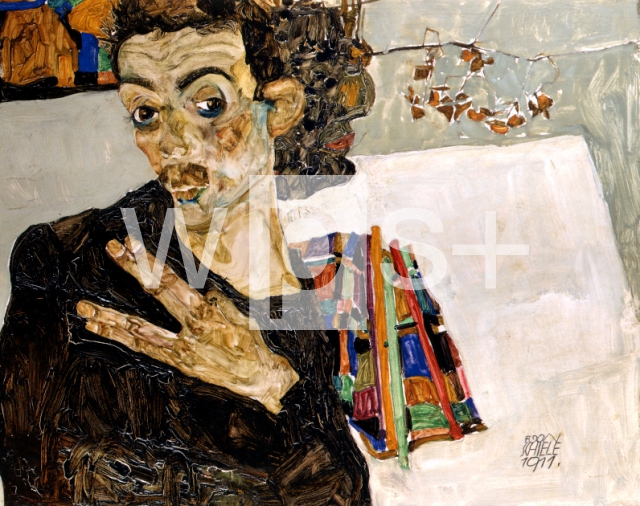SCHIELE Egon｜黒い壺と二叉に分かれた指の自画像