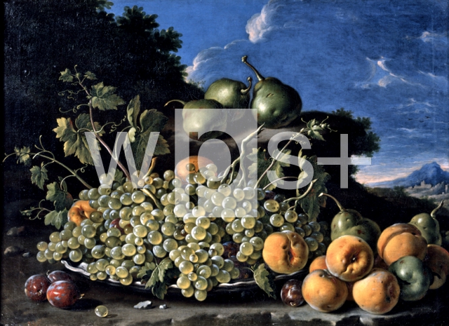 MELENDEZ Luis Egidio｜果物：葡萄の盛皿と梨と桃