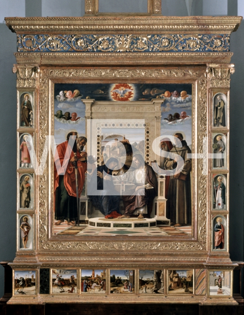 BELLINI Giovanni｜聖パウロと聖ペテロ（左側）、聖ヒエロニムスとアシジの聖フランチェスコ（右側）の間の聖母戴冠