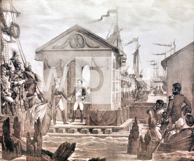 ｜ティルジットでロシア皇帝アレクサンドル1世と会見するナポレオン1世、1807年7月7日