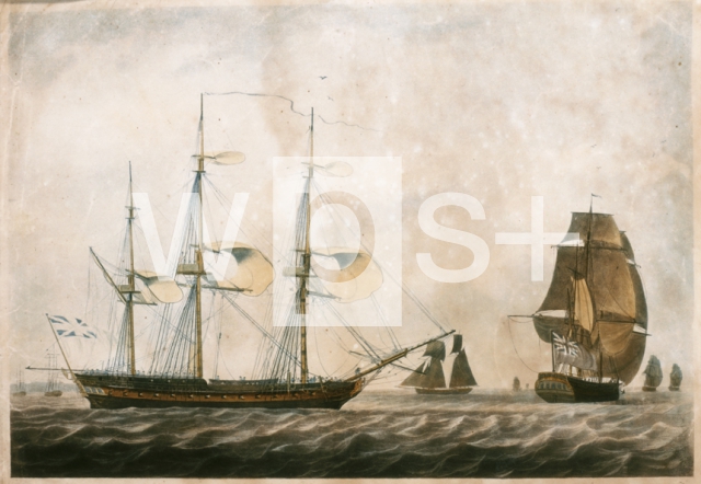 ｜イギリスの軍艦（フリゲート）と東インド会社の西インド貿易船、1788年