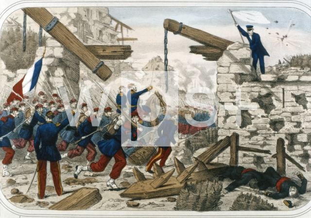 ｜白旗を掲げた内部のスパイの手引きでパリに入城するヴェルサイユ軍、1871年5月21日