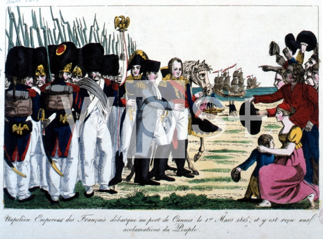 ｜百日天下、フランス等何端カンヌ・アンティブ両市のいだく、サン・ジュアン湾に上陸するナポレオン、1815年3月1日午後3時
