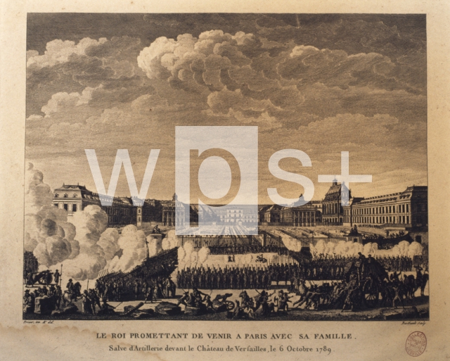 ｜国王は家族と共にパリに戻ることを約束し、それをヴェルサイユ宮殿の前で空砲を打ち上げ喜ぶ民衆、1789年10月6日