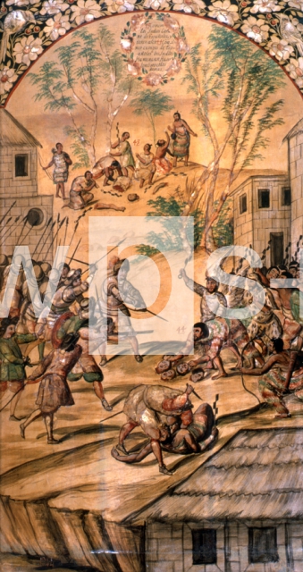 ｜コルテスが指揮するスペイン軍がアステカ軍を襲撃するところ