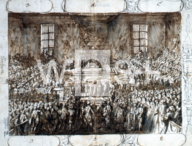 ｜ウプサラ城内で荘厳に、スウェーデン国王の座から退位する儀式を行うクリスティーナ女王、1654年6月6日