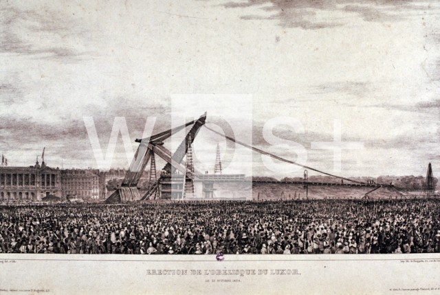 ｜ルクソールから運んで来たオベリスクをパリのコンコルド広場に立てる場面、1836年10月26日