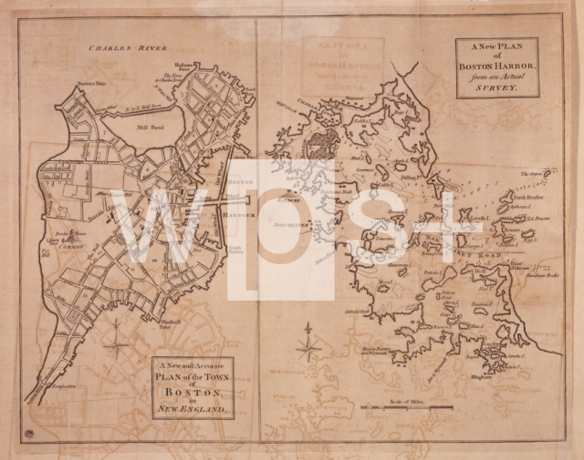 ｜アメリカ独立戦争時のニューイングランドのボストン港と市街の設計図