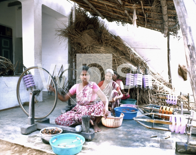 ｜カーンチプラムの工房で綿糸紡績する女性