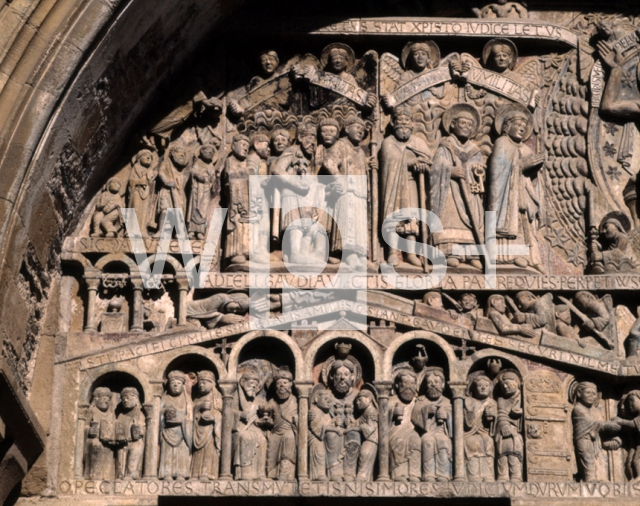 ｜サント＝フォワ修道院の西正面扉口のティンパヌム「最後の審判」（部分：天国）