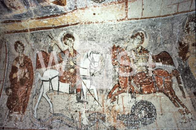 ｜蛇の教会（ギョレメの岩窟教会）の北穹窿に描かれた蛇を退治する聖テオドールと聖ジョージのフレスコ