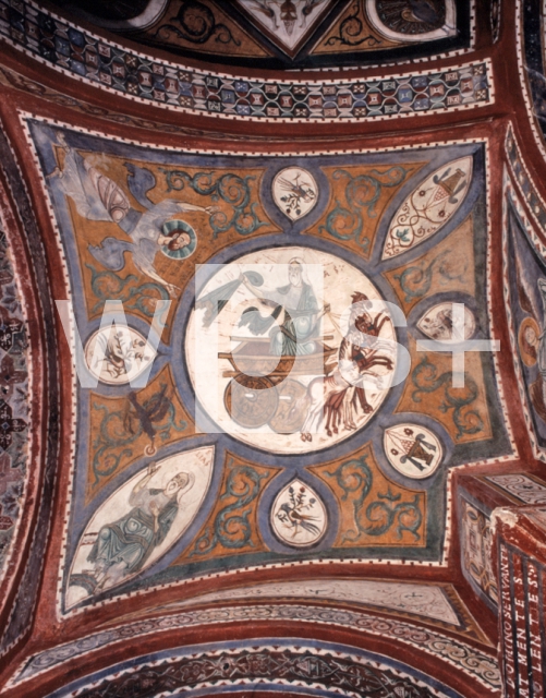 ｜アナーニ大聖堂のクリプタの第20穹窿のフレスコ「火の馬車に乗り天に昇るエリアのマントを地上で弟子のエリシャがひおり、後継者となる」