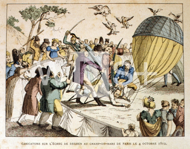 ｜パリのシャン・ド・マルス広場に於いて、気球の上昇に失敗したデゲンについての風刺画、1812年10月4日