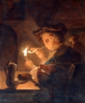 SCHALKEN Godfried｜蝋燭でパイプに火をつける若い喫煙者