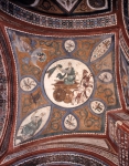 ｜アナーニ大聖堂のクリプタの第20穹窿のフレスコ「火の馬車に乗り天に昇るエリアのマントを地上で弟子のエリシャがひおり、後継者となる」